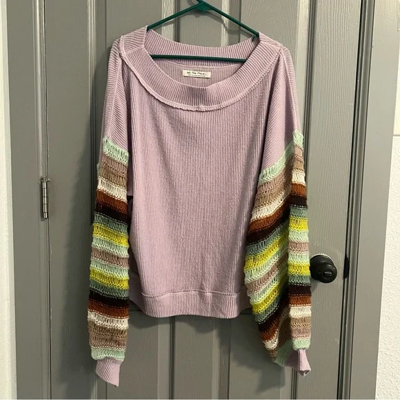 We The Free Lavender Sweater with Striped Sleeves - Picture 4 of 6